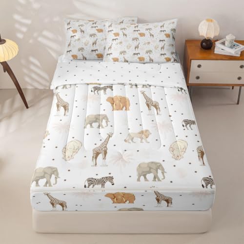 Feelyou Safari Animals Zipper Comforter Set Twin White Yellow Kids Bedding