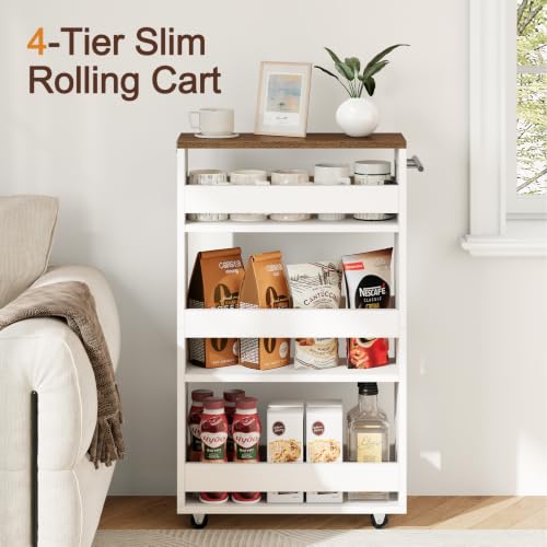 Yoobure White 4-Tier Slim Rolling Storage Cart on Wheels, Adjustable Shelves