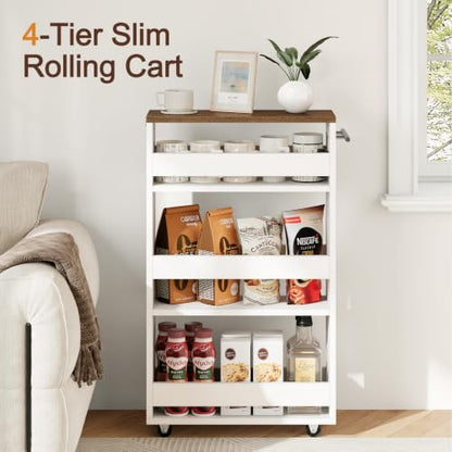 Yoobure White 4-Tier Slim Rolling Storage Cart on Wheels, Adjustable Shelves