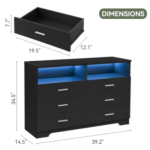 Black 6-Drawer Dresser with LED Lights & Power Outlets - Wooden Bedroom Storage