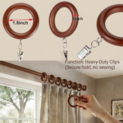Walnut Wooden Curtain Rings with Clips - 24 Pack, 1.8 Inch Inner Diameter