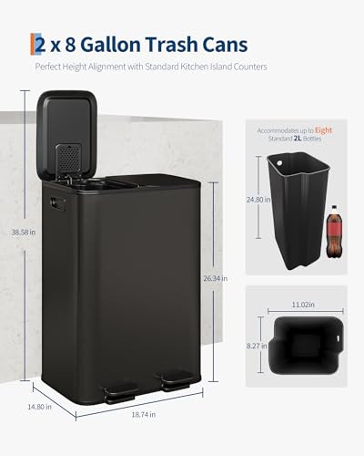 Matte Black Double Trash Can - 2 x 8 Gallon Kitchen Recycling Bin