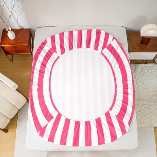 Kids Twin Size Red White Striped Fitted Sheet No Top Sheet - Elastic Corners