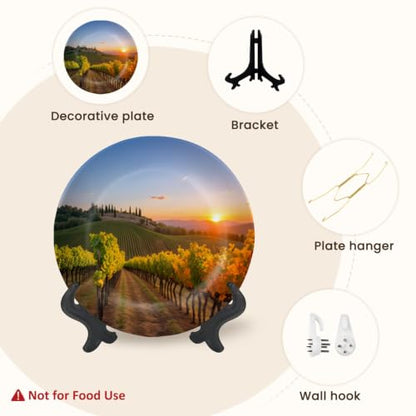 8-Inch Ceramic Decorative Plate for Wall & Display with Stand and Hook - Tuscany Vineyards Sunset Olive Fields