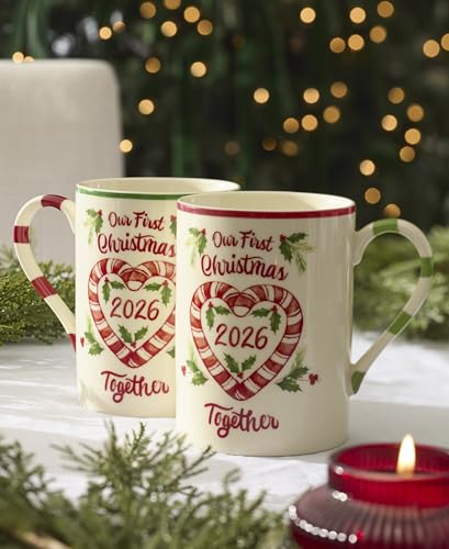 First Christmas Together Mug Set for 2 - Holly & Candy Cane Handles, 16oz