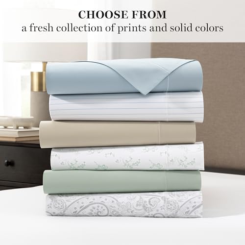 MARTHA STEWART 100% Egyptian Cotton 4-Pc Sateen Sheet Set, 400 TC, Light Blue/White, 1 Flat and 1 Fitted Sheet, 2 Std Pillowcases, Soft and Breathable, Premium Printed Home Decor Bed Sheet, Queen Size