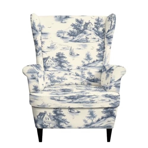 Vintage Sailboat House Wing Back Chair Cover Set with Arms - 2 Pieces