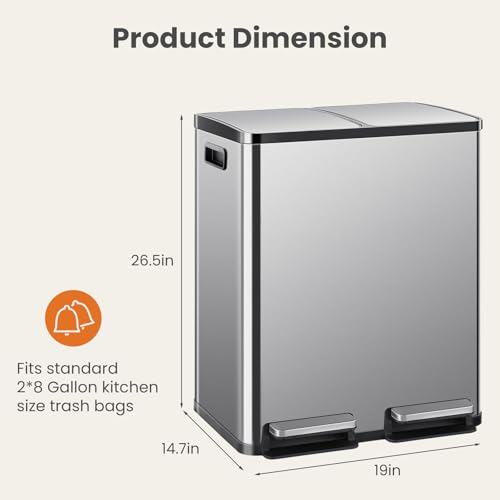 Dual Compartment Stainless Steel Trash Can 16 Gallon - Silver, 2x30L