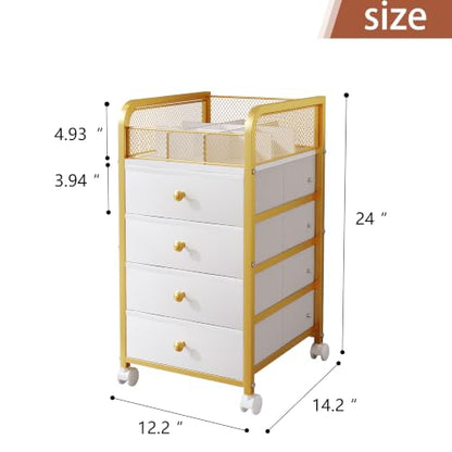 White & Gold Rolling Makeup Organizer Cart with 4 Drawers and Divided Top