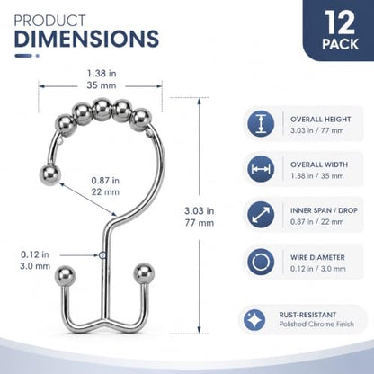 Double Shower Curtain Hooks Set of 12, Rust Proof Metal Roller Ball Rings, Nickel Finish