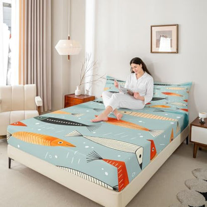 Grey-Blue Queen Size Fish Sheets Set - Colorful Nautical Bedding for Kids & Adults