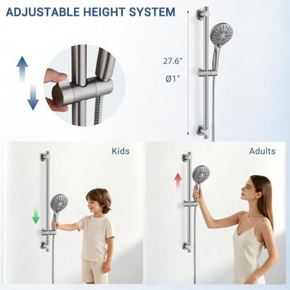 Brushed Nickel Handheld Shower Head with Slide Bar - 9 Spray Modes & Brass Holder