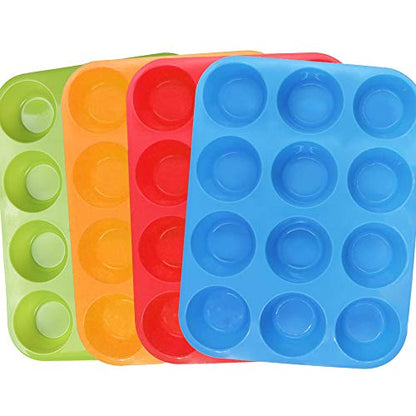 Qtopun Silicone Mini Muffin Pan, 4 Pack 24 Cups Silicone Mold Cups Baking Pan, Silicone Muffin Tins Baking Moulds (12-cup multi-color)