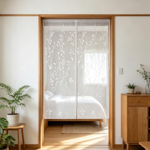 AiDamai 39"W x 63"L Doorway Curtain - Semi-Sheer Room Divider with Willow Embroidery, White-Leaf (1PC) Variation