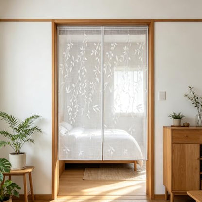 AiDamai 39"W x 63"L Doorway Curtain - Semi-Sheer Room Divider with Willow Embroidery, White-Leaf (1PC) Variation