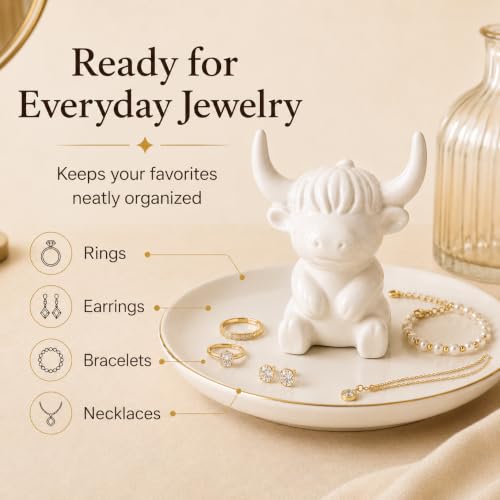 Highland Cow Jewelry Dish - White Ceramic Ring Holder & Trinket Tray