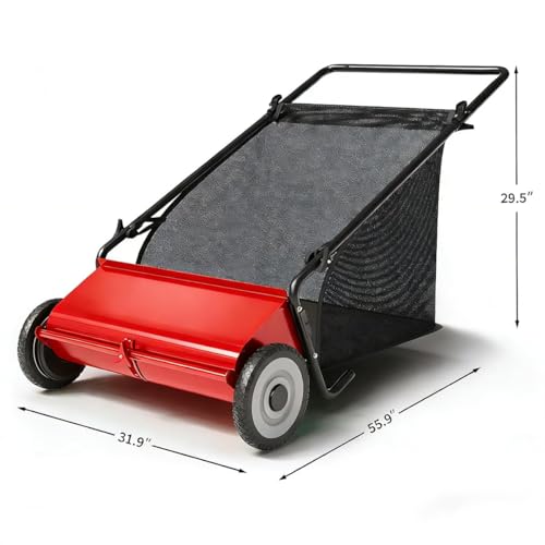 Red Push Lawn Sweeper 26-Inch with 7 Cu.Ft. Hopper, 4-Brush Power, Adjustable Height