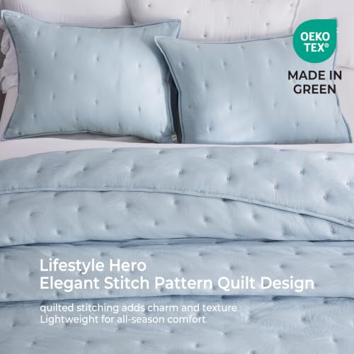 Blue King Quilt Set - Lightweight Soft Bedspread with Pillow Shams - Blue Stitch
