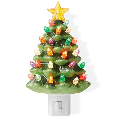 Ceramic Christmas Tree Night Light - Green 6 Inch with Bulbs & Star Topper - Plug-In Holiday Decor