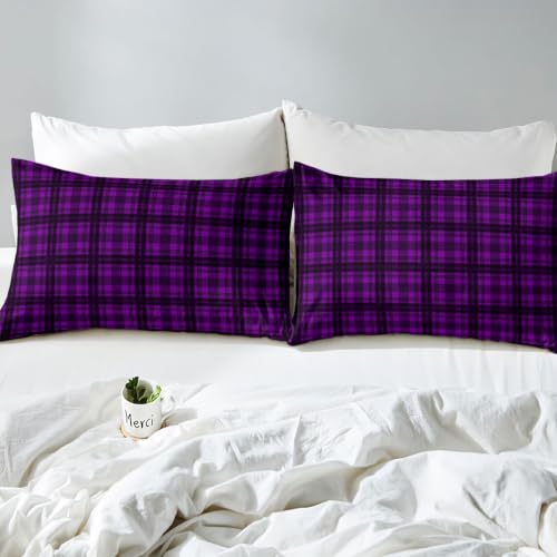 Purple Buffalo Plaid Duvet Cover Set Queen Size Vintage Geometric Bedding with Pillowcases - Black & Purple