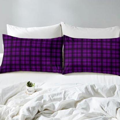 Purple Buffalo Plaid Duvet Cover Set Queen Size Vintage Geometric Bedding with Pillowcases - Black & Purple