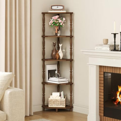 Corner Shelf 5-Tier Corner Bookshelf for Small Spaces Walnut Finish
