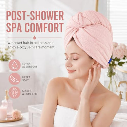 Microfiber Hair Towel Wrap for Women - Quick-Drying, Soft Absorbent Turban with Elastic Button Loop, Lightweight for Wet, Long, Curly & Thick Hair, Blush Pink