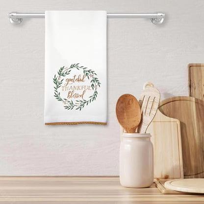 Christmas Kitchen Dish Cloths Set of 2 - White, Green, Brown Embroidered Cotton Towels 20x28 - Holiday Decor