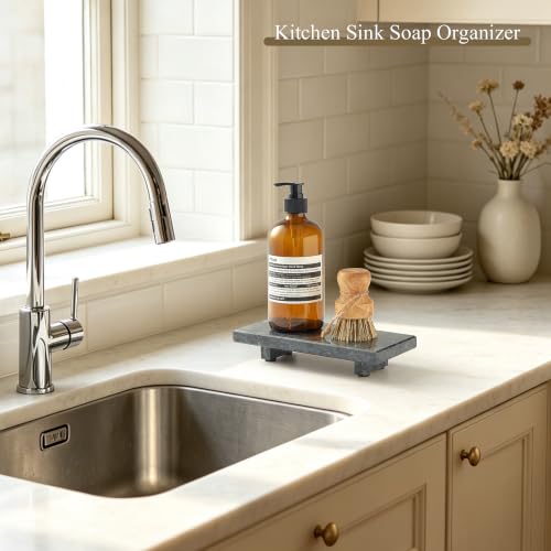 Marble Stone Pedestal Tray Stand for Vanity Bathroom Kitchen Decor - Gray Black, 8.6 x 4 Inches