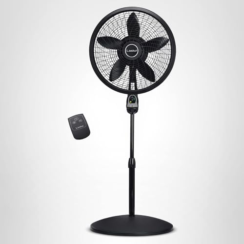 Lasko Oscillating Cyclone Pedestal Fan, Adjustable Height, Timer, Remote Control, 3 Speeds, for Bedroom, Living Room, Home Office, 18", Black, 1843