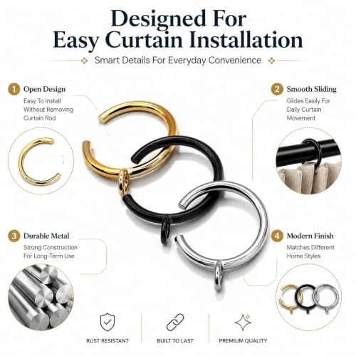 Black Gold C-Shaped Curtain Rings 1.25-inch 30-Pack for Rods