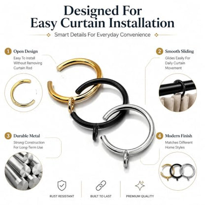 Black Gold C-Shaped Curtain Rings 1.25-inch 30-Pack for Rods