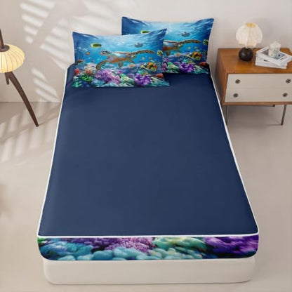 Teal Blue Sea Turtle Zipper Bedding Set Queen Ocean Nautical Bed in a Bag