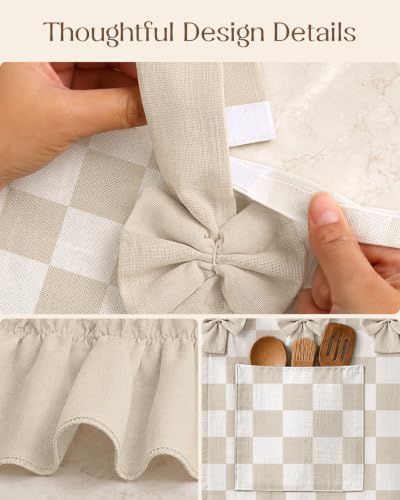 Oven Curtain with Pockets Beige Gingham Kitchen Decor - MuseHaus Variation
