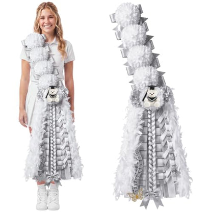 50-Inch Homecoming Mum Sash Flowers with Teddy Bear Bow Silver White
