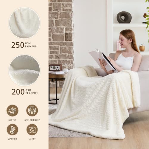 Beige Electric Heated Blanket Throw 50x60 Inches Faux Fur & Flannel