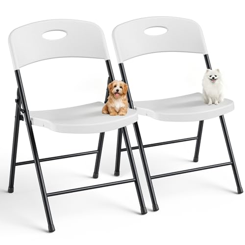White Plastic Folding Chair, Heavy Duty Steel Frame 350 Lbs Capacity, Stackable & Portable - 2 Pack