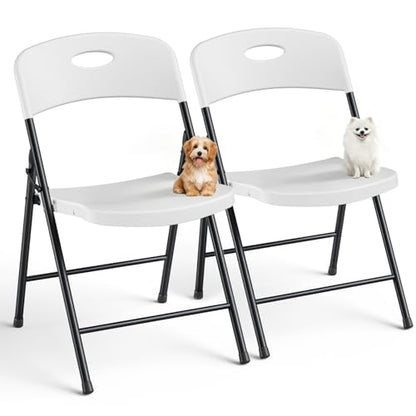 White Plastic Folding Chair, Heavy Duty Steel Frame 350 Lbs Capacity, Stackable & Portable - 2 Pack