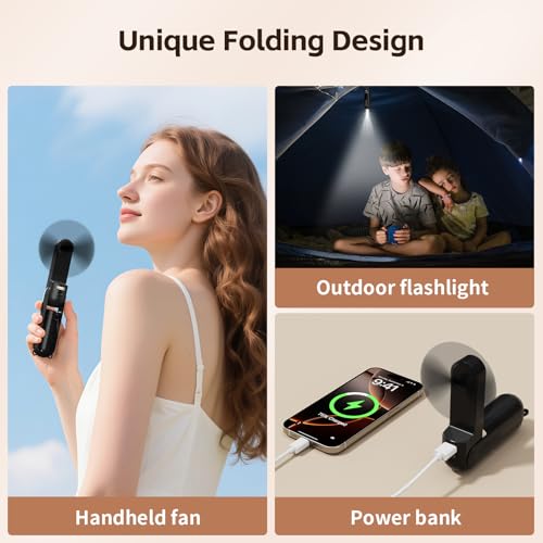 VigorLife Black Portable Handheld Fan with LED Flashlight & Power Bank - Foldable Summer Travel Fan
