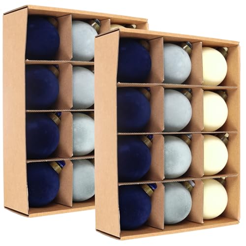 3.15 Inch Velvet Christmas Ornaments Bulk - Beige, Haze Blue & Navy Blue, 24 Pack