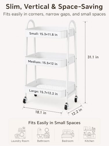 Booklov White Rolling Makeup Cart Organizer, 3-Tier Utility Storage