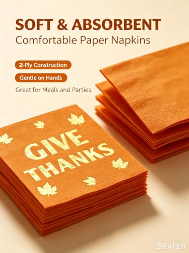 Thanksgiving Napkins Gold Foil 50 Pack - 5x5 Inch Holiday Tableware