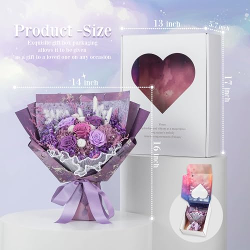 Purple Preserved Flower Bouquet with Real Roses & Hydrangeas - Long Lasting Gift for Weddings, Birthdays, Valentine's, Mother's Day