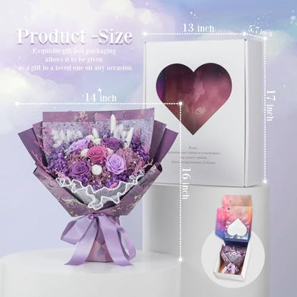 Purple Preserved Flower Bouquet with Real Roses & Hydrangeas - Long Lasting Gift for Weddings, Birthdays, Valentine's, Mother's Day