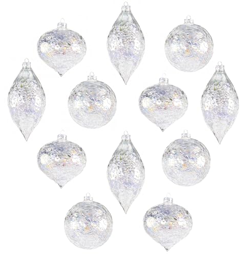 12 Assorted Iridescent Crackle Glass Christmas Ornaments Set - Tree Decorations