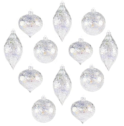 12 Assorted Iridescent Crackle Glass Christmas Ornaments Set - Tree Decorations