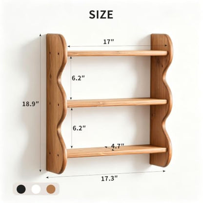 3 Tier Solid Wood Wall Shelf - Rustic Floating Storage Organizer, Brown