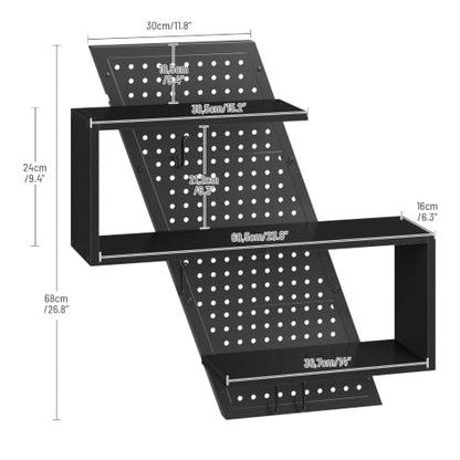 Black S-Shaped Gaming Floating Shelf with LED Light Strip, 3 Tiers & Hooks