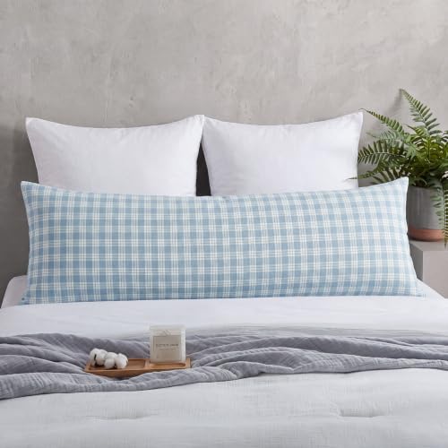 Plaid Blue Cotton Body Pillow Cover 20 x 54 Inches - Breathable & Soft Bedding