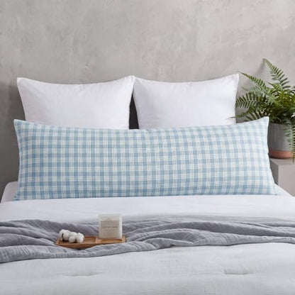 Plaid Blue Cotton Body Pillow Cover 20 x 54 Inches - Breathable & Soft Bedding